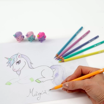 ZESTAW OŁÓWEK, KREDKI I GUMKI UNICORN KIDEA